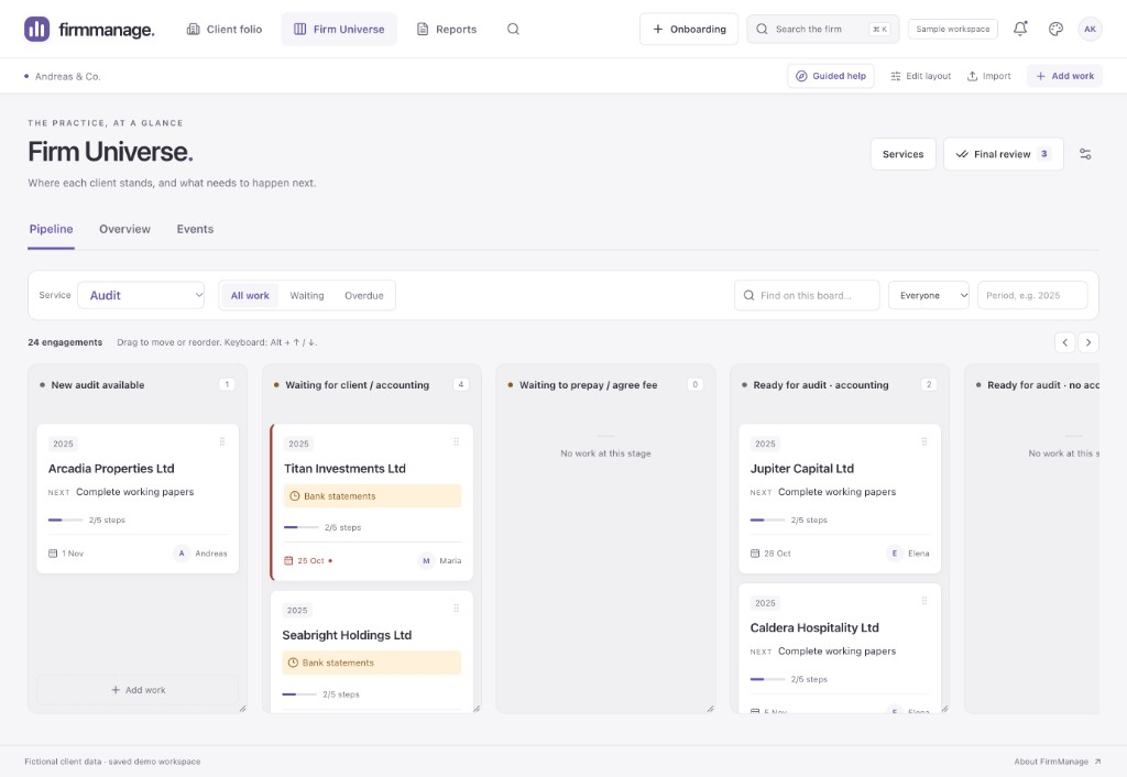 Actual FirmManage Firm Universe with audit workflow stages, owners and deadlines